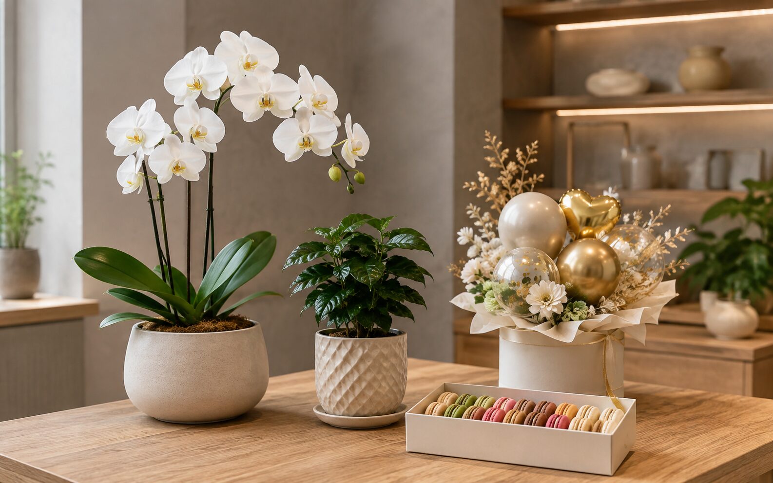 胡蝶蘭や観葉植物を並べた友人への開店祝いギフト